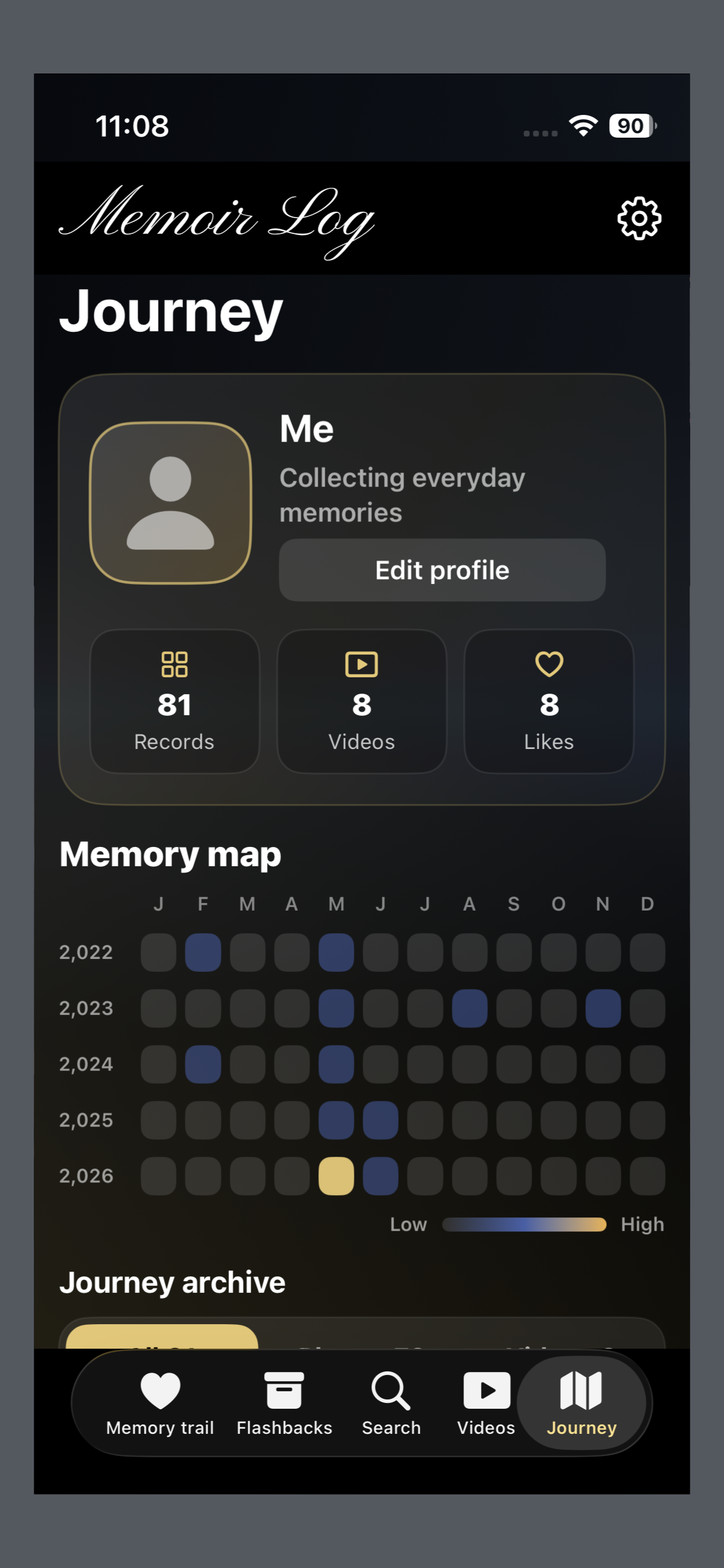 Memoir Log Journey screen