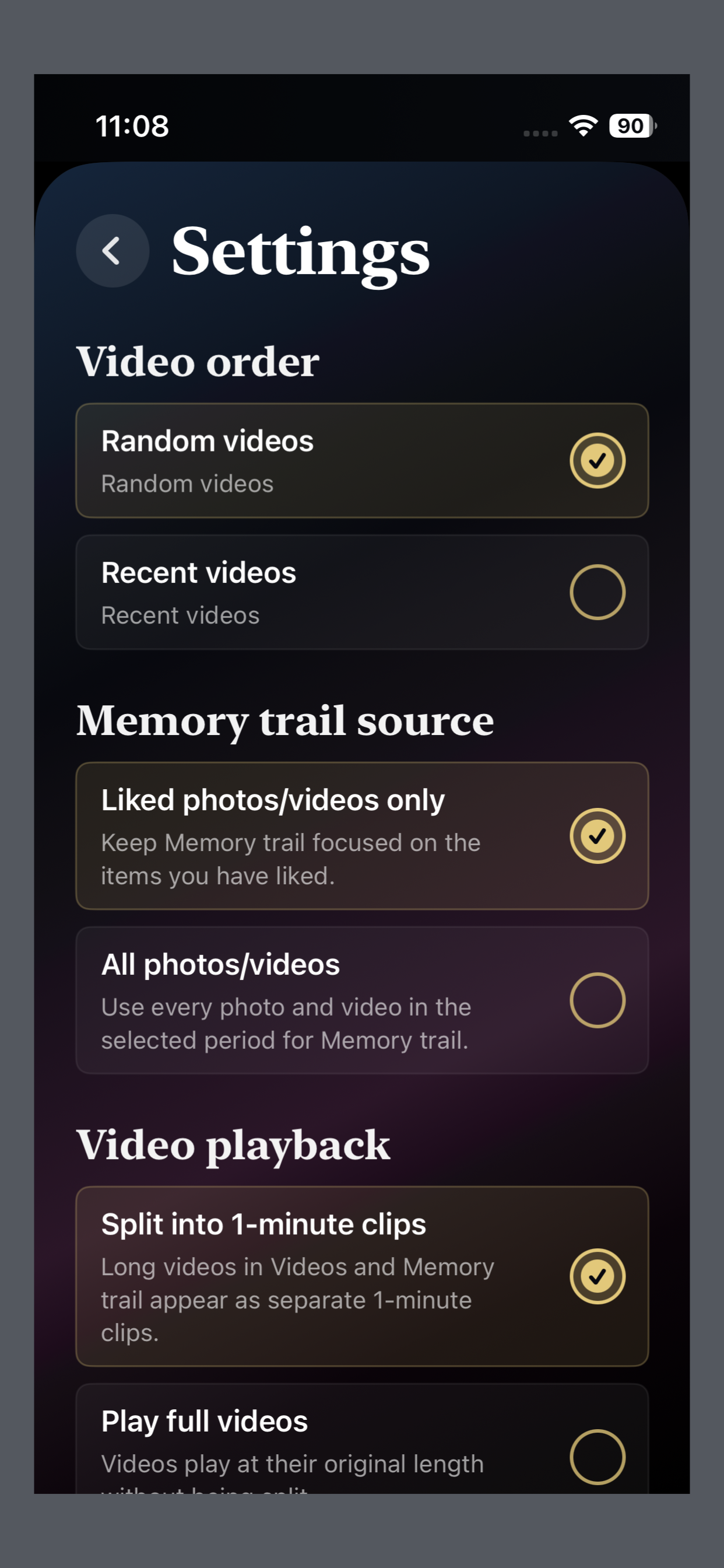 Memoir Log settings screen
